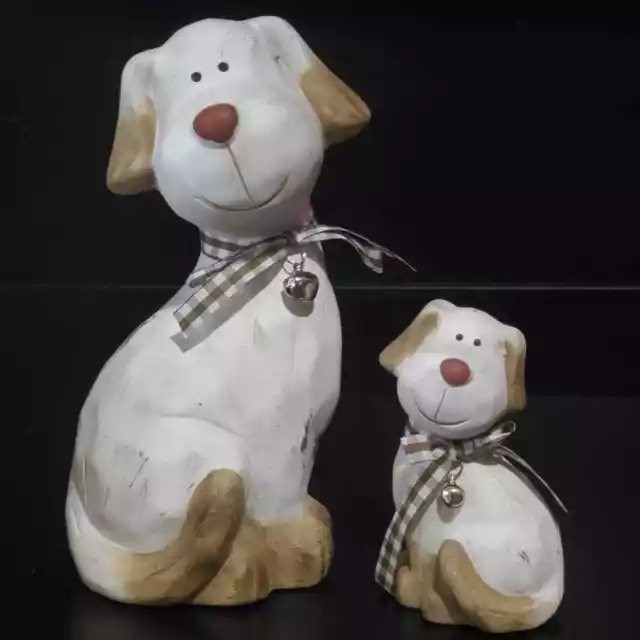 Ceramic Sitting Dog Figurines with Plaid Ribbon Bow Collar and Bell