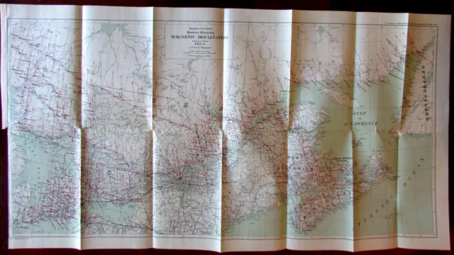 Canada Great Lakes to Nova Scotia c.1920 Magnetic Declination large Interior map