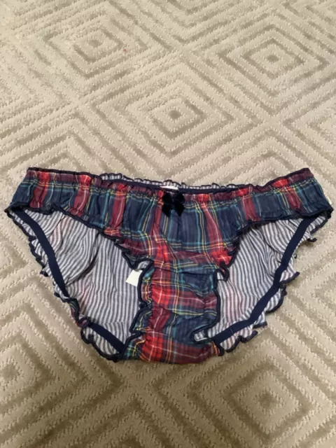 NWT GILLY HICKS HOLLISTER S NAVY BLUE PINK PLAID RUFFLE BLOOMER THONG  PANTIES