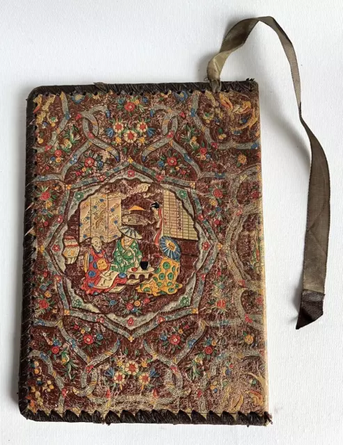 Vintage Tooled Leather Japanese Themed Book or Notepad Cover Made in Italy