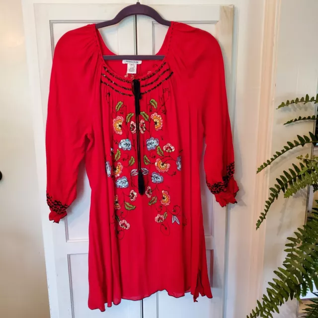 Krista Lee white with red embroidery beaded long peasant tunic blouse semi sheer