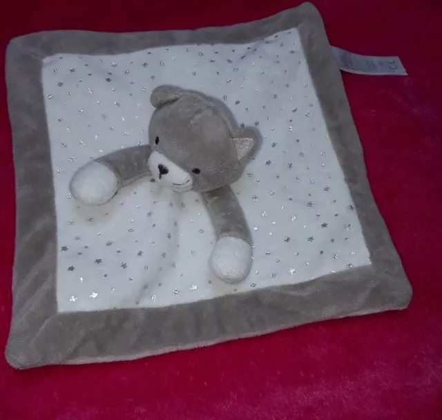 DP1 🐱🐱🐱 Doudou plat chat blanc gris étoiles argentées Obaibi TTBE