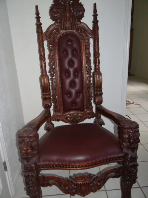 6' Carved Mahogany King Lion Gothic Throne Chair Brown w dark red faux leather