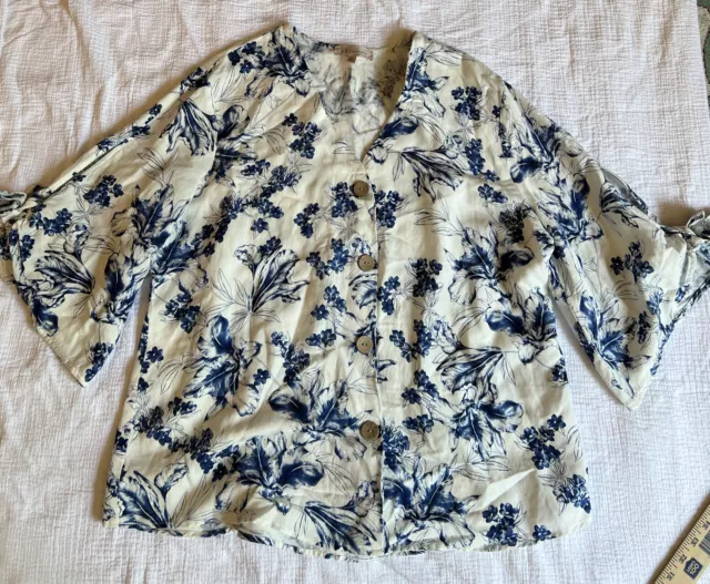 Philosophy Top Womens Size XL Blue tropical print linen blend pull over blouse