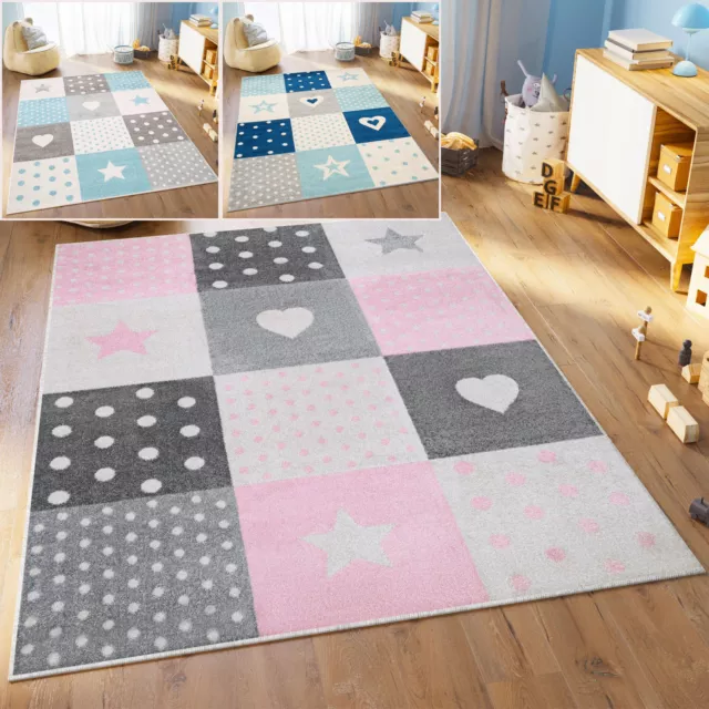 Teppich Kinderzimmer Kurzflor Modern Grau Rosa Creme Gemustert Punkte Sterne