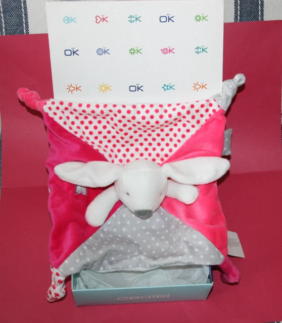 Obaibi Doudou Lapin Plat Blanc Rose Gris Etoiles Pois Neuf En Boite