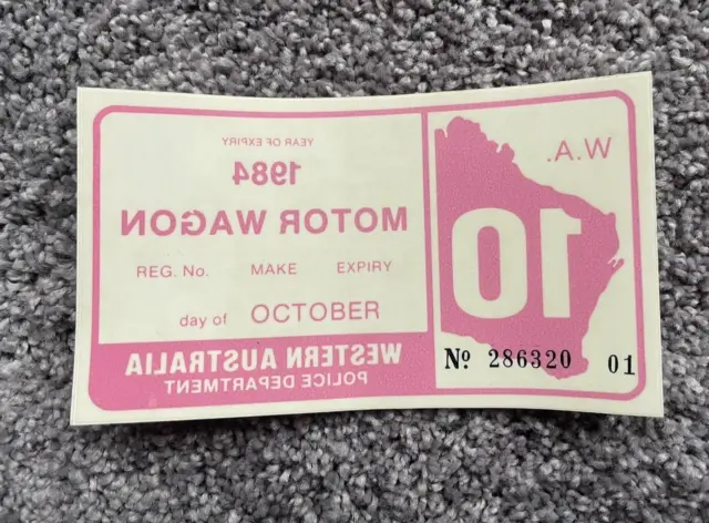Original & Vintage ~ WA Registration Label ~ Unused ~ October 1984 ~ Motor Wagon
