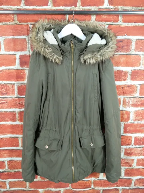 Girls Coat Age 14-15 Years H&M Khaki Faux Fur Hooded Parka Jacket Lined 170Cm