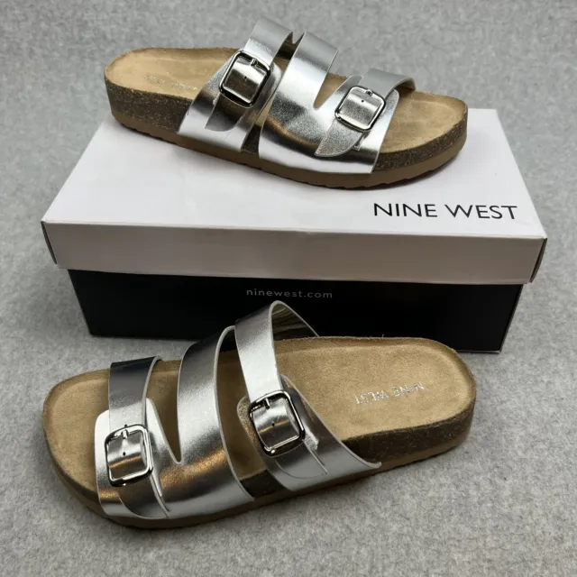 Nine West Sandals Womens Size 7.5 Sliver Crisscross Strap Cork soles adjustable￼