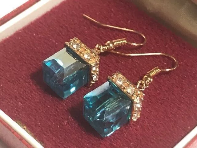 Beautiful Art Deco Style Topaz Blue Cube Crystal Drop Earrings