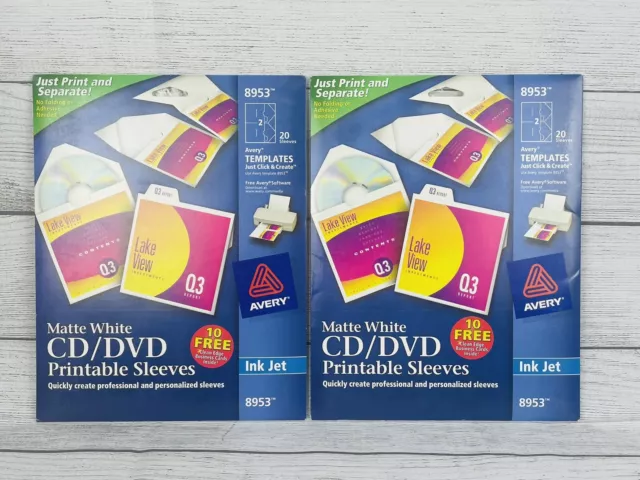 Avery Matte White CD/DVD Printable Sleeves 8953 Ink Jet 2 Packs 20 Sleeves Each