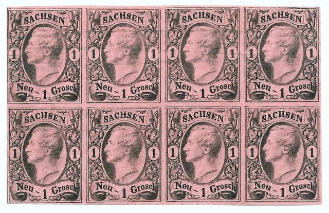AD SACHSEN 1855; 8x MiNr. 9IIa ; 1 Ngr.; 8erBlock; ungebraucht; BPP BEFUND