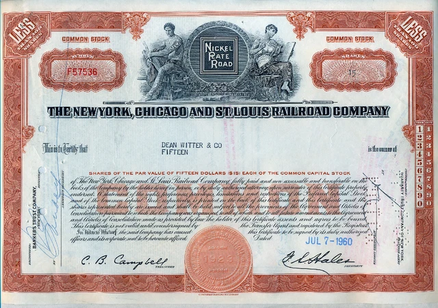 New York Chicago & St. Louis Railroad Co. Stock Certificate Nickel Plate Road