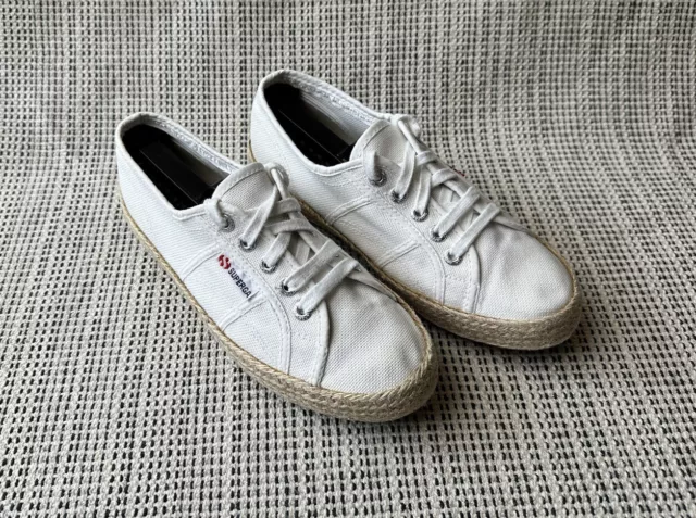 Superga Womens 6.5 White Canvas Sneakers Shoes Lace Up Rope Platform S00BVJ0