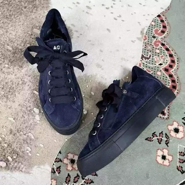 AGL | Night Nero Blue Suede Leather Light Weight Low Top Platform Sneakers 38 8