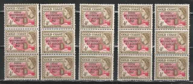 GHANA (Gold Coast) - 1957 - Scott no. 5 - 5 blocs of 3 stamps - MNH