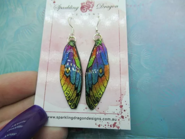 Yellow Blue Rainbow Dragonfly Wing Butterfly Earrings Whimsical Jewellery