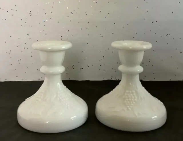 Two Vintage Westmorland Milk Glass Single-Candlestick Holders Grape Pattern