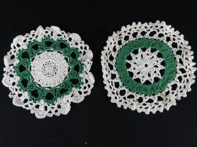 2 Vintage Hand Crochet Christmas Doily 6" Green & White Lot B9127