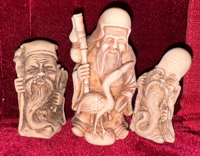 Vtg Antique Japanese Hand Carved NetsukeJapanese Set Of 3 Old Men Collectible