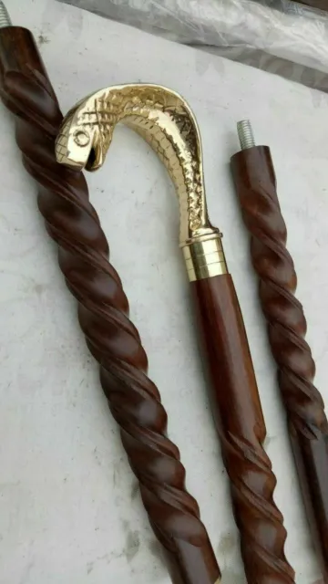 New solid spiral snake king cobra walking cane stick wooden brass handle
