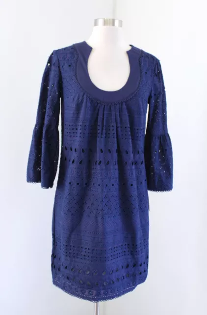 NWT $298 Trina Turk Bonita Navy Blue Eyelet Lace Bell Sleeve Shift Dress Size 2