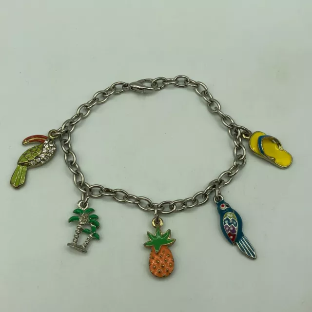 RETRO Silver Tone & Parrot, Pineapple Enamel Charm Chain Bracelet Christmas