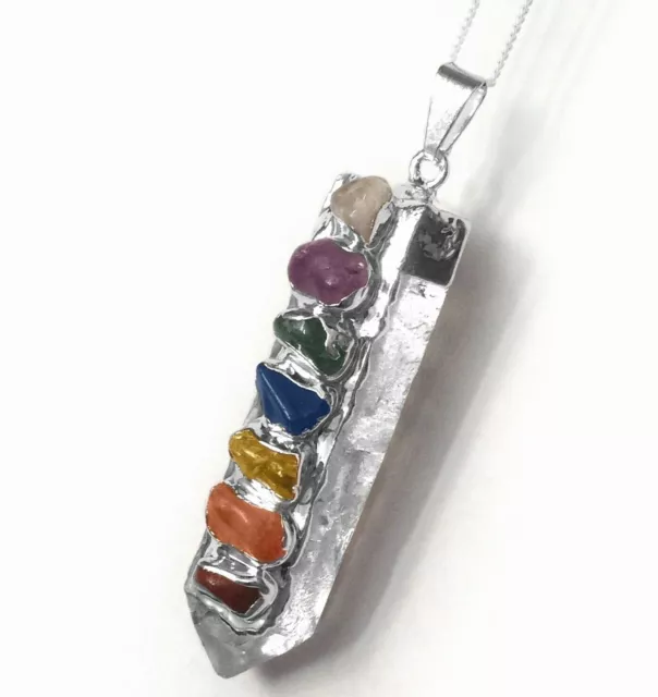 FuNkY Quartz Crystal Point 7 Chakra Pendant Sterling Silver Necklace CHARGED Hea