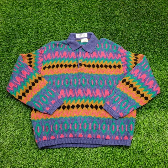 Vintage 90s Benetton Shetland-Wool Sweater L-Short 22x25 Colorful Abstract ITALY