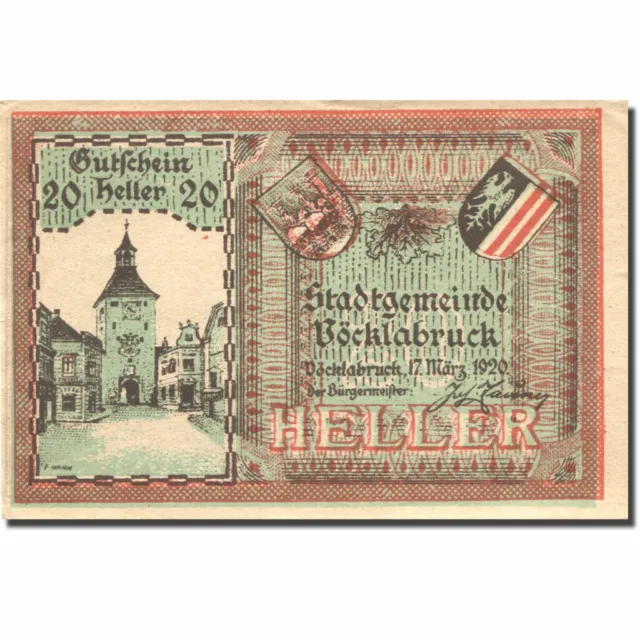 [#276177] Banknote, Austria, Vöcklabruck, 20 Heller, paysage, 1920 UNC(63) Mehl: