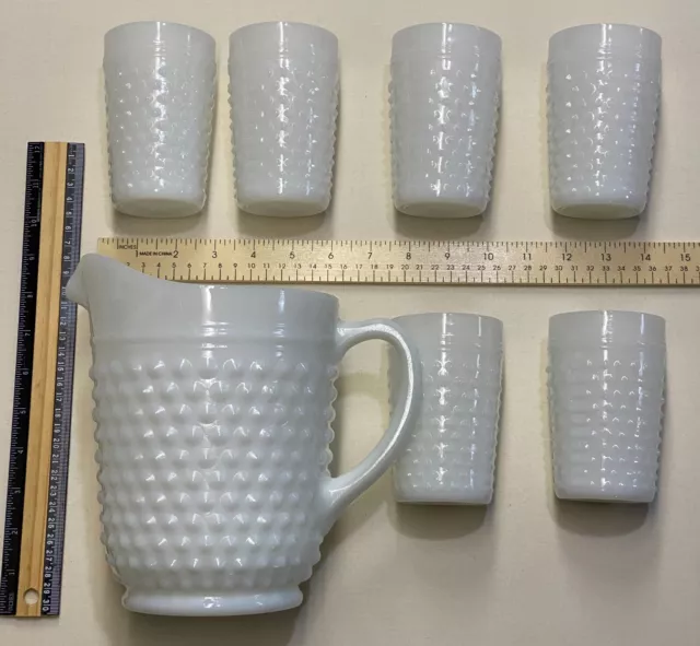 Vintage Anchor Hocking Hobnail White Milk Glass Pitcher and 6 Glasses  *AMAZING!