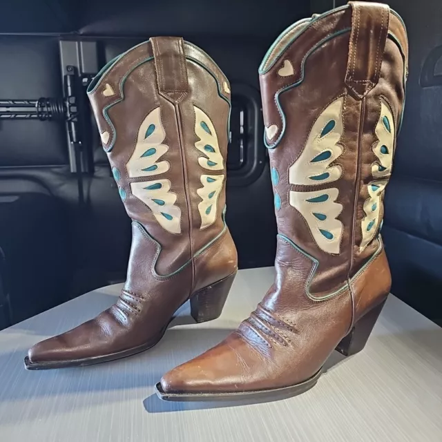 Nine West,  Lady's 9.5 M, Brown Leather, 'Butterfly' Cowboy Western Boots