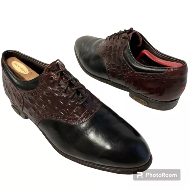 Vtg Footjoy CLASSICS Dry Black Leather Cordovan ALLIGATOR Saddle GOLF Shoes 12