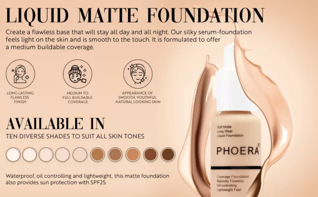 DOPPELPACKUNG - Phoera matte Haut Foundation volle Abdeckung Gesicht Make-up Abdecker UK 2