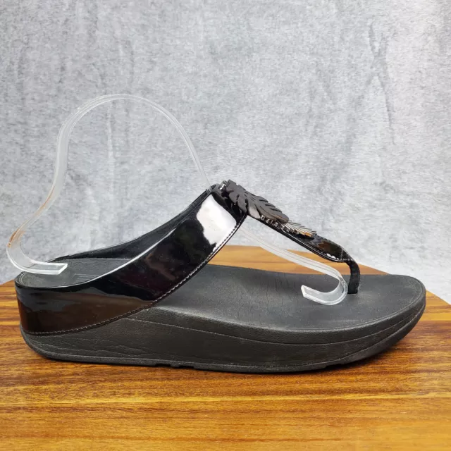 FitFlop Sandals Women's 10 Black Leather Toe Post Thong Fino Slip On Comfort