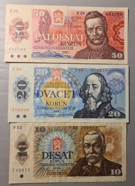 3 x Czechoslovakia banknotes (10 korun 1986 20 Korun 1988 and 50 Korun 1987)