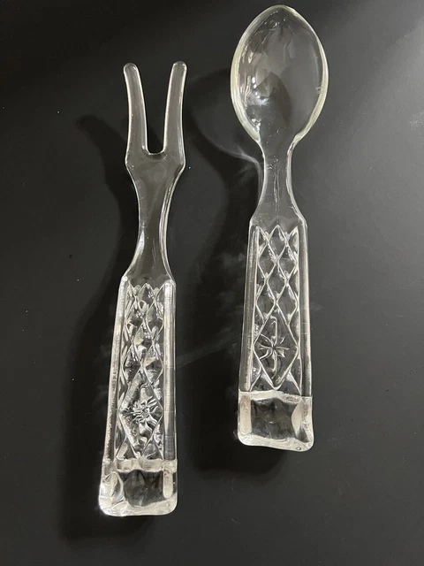 Vtg Wexford Anchor Hocking Pressed Cut Glass Salad Spoon &Fork Servers