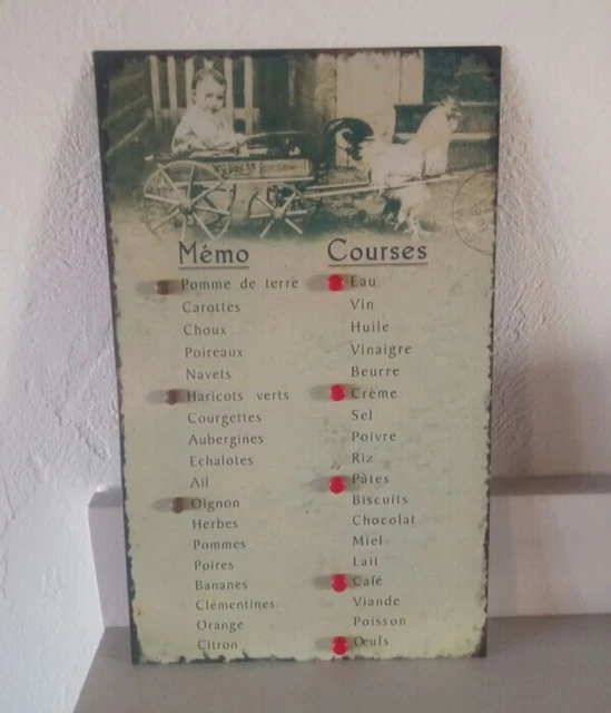 FRENCH metal SHOPPING MEMO LIST COMMISSIONS Plaque sign rooster cart baby