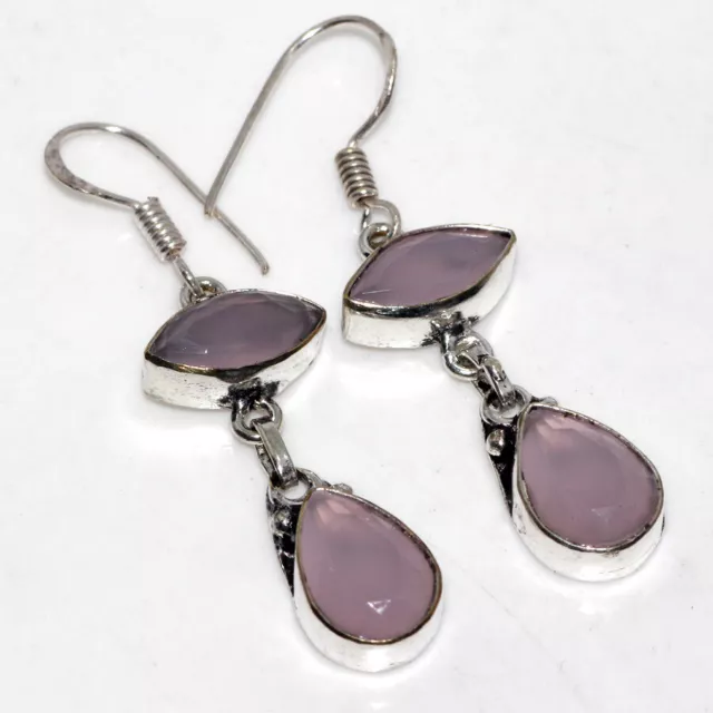 925 Silver Plated-Pink Chalcedony Ethnic Gemstone Earrings Jewelry 2" AU G962