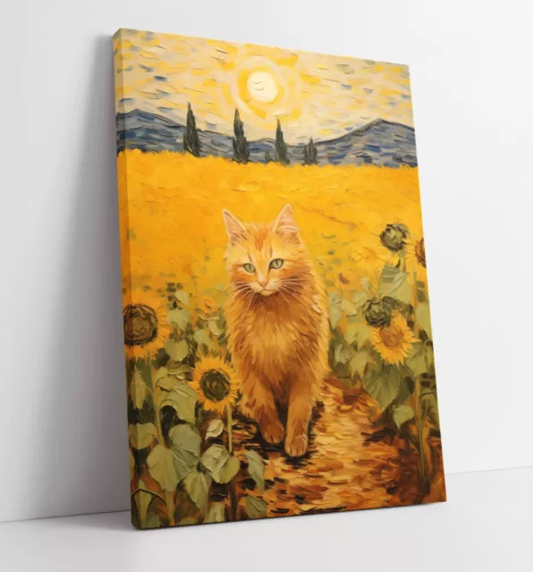 Van Gogh Style Cat In Sunflower Field -Deep Framed Canvas Wall Art Print