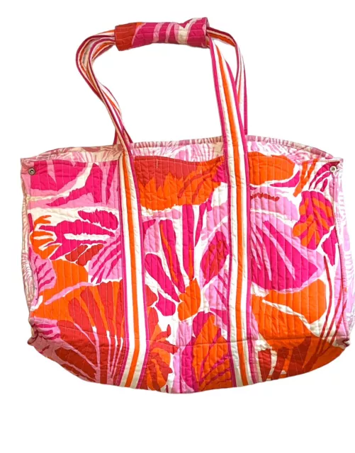 Gretchen Scott Quilted Tote Bag XL Pockets Neon Pink Orange White Cotton Beach