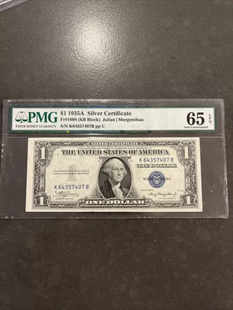 Silver Certificate FR 1608 $1 PMG 65 EPQ 1935A KB Block