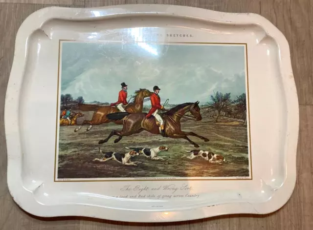 Vintage Worcester Ware Metal Serving Tray, Fores's Hunting Sketches, 42cms