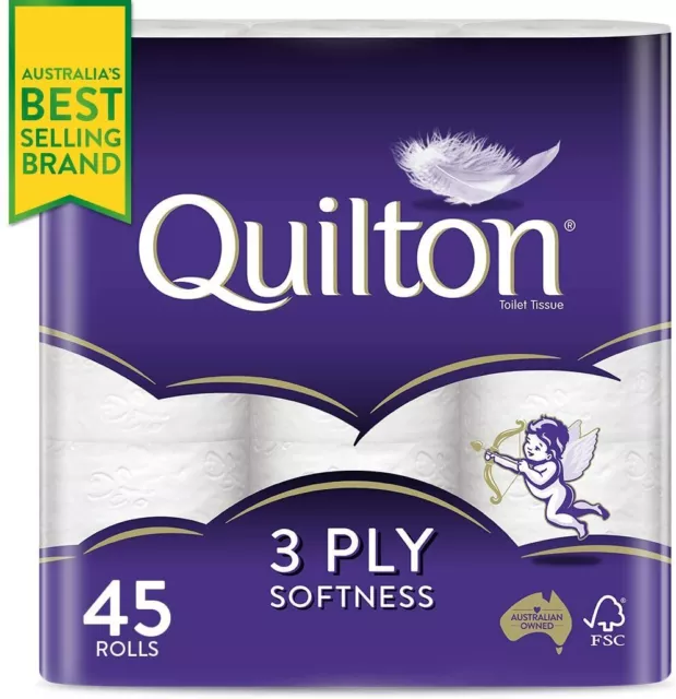 Toilet Paper 45 Rolls Quilton 3 Ply White Soft Tissue Bulk Free Fast Shipping AU