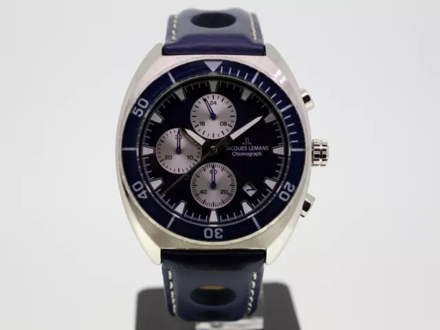 Jacques Lemans Herrenuhr Lederband blau Edelstahl silber 1-2041C