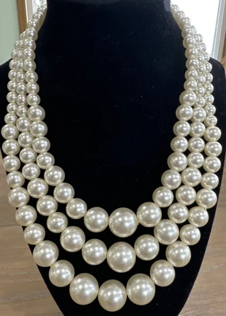 Vtg MCM Style 3 Strand Faux Pearl Necklace Classic Elegant Collar Choker 18" L