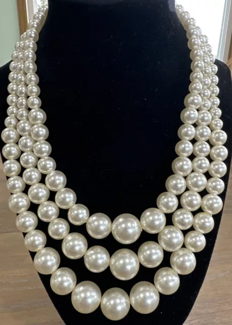 Vtg MCM Style 3 Strand Faux Pearl Necklace Classic Elegant Collar Choker 18" L