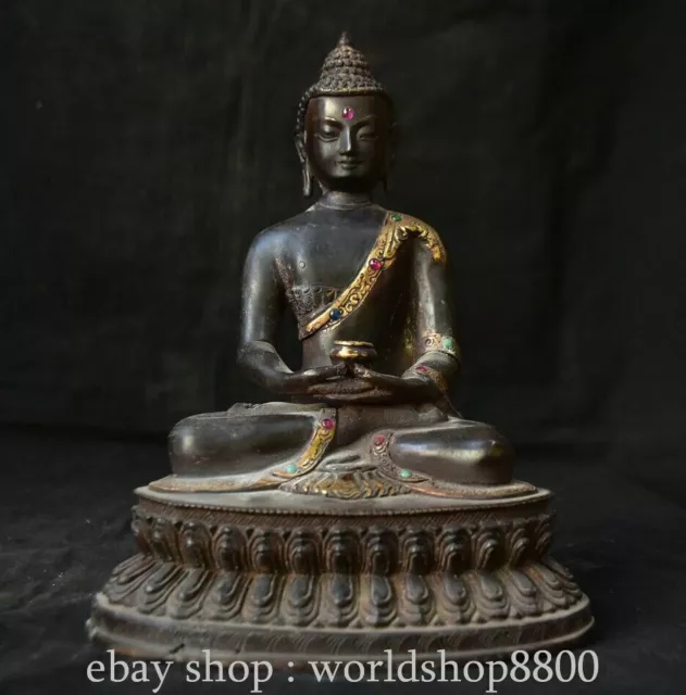 8.6" Old Chinese Bronze Inlay Gem Feng Shui Shakyamuni Amitabha Buddha Statue