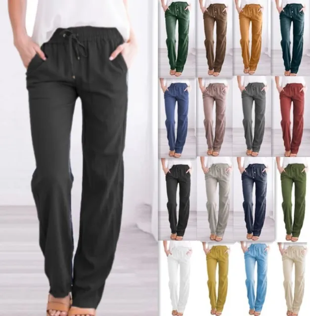 Womens Cotton Linen Trousers Solid Casual Elastic Waist Bottoms Pants UK Size