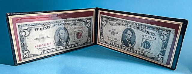 1953 Five Dollar Silver Certificate And (one) 1963 Series $5 note in display cas